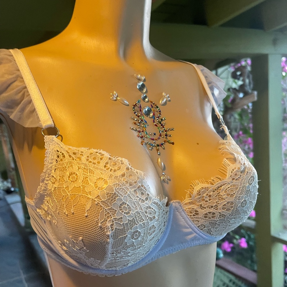 Baby blue and white lace girly sexy underwire bra
